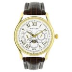Titan Men’s Classic Multifunction Round White Dial Brown Leather Strap Watch
