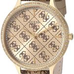 GUESS  Gold-Tone Brown Genuine Leather Crystal Logo Embossed Watch. Color: Brown (Model: U1229L2)