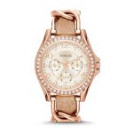Fossil Women Riley Quartz Stainless Steel and Leather Multifunction Watch, Color: Rose Gold, Tan (Model: ES3466)