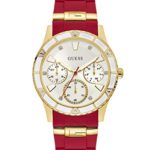 GUESS  Gold-Tone + Iconic Red Stain Resistant Silicone Watch with Day, Date + 24 Hour Military/Int’l Time. Color: Red (Model: U1157L2)