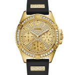 GUESS  Comfortable Gold-Tone + Black Stain Resistant Silicone Watch with Day, Date + 24 Hour Military/Int’l Time. Color: Black (Model: U1160L1)