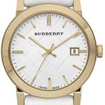 Burberry BU9015 Women’s Swiss Heymarket Check Fabric and White Leather Band White Dial Watch