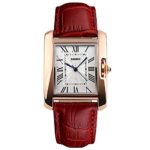 Women Rectangle Watch Waterproof Rose Gold Tone White Dial Wristwatch Roman Numeral with Red Leather Band