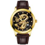 Willsa Waterproof Mens Gold Dragon Sculpture Quartz Watch Luxury Men Leather Wristwatch