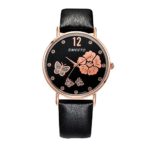 Yunanwa Women’s Watches Butterfly Flower Bling Leather Quartz Rose Golden Case Wedding Wristwatches