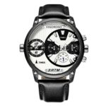 VIGOROSO Men Dual Time Zone Wrist Watch Sport Army Genuine Leather Band Oversized Chronograph Quartz Watches