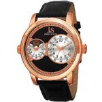J&S JOSHUA & SONS Men’s Dual Time Zone Watch – Guilloche Sunray Dial On Leather Alligator-Embossed Leather- JS87 (Gold)