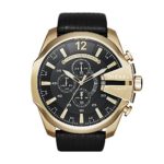 Diesel Men’s Mega Chief Quartz Stainless Steel and Leather Chronograph Watch, Color: Gold-Tone, Black (Model: DZ4344)