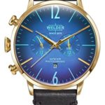 Welder Moody Black Leather Dual Time Gold-Tone Watch with Date 45mm