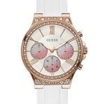 GUESS  Rose Gold-Tone + White Stain Resistant Silicone Watch with Day, Date + 24 Hour Military/Int’l Time. Color: White (Model: U1233L1)