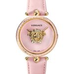 Versace Women’s Palazzo Empire Yellow Gold Swiss-Quartz Watch with Leather Calfskin Strap, Pink, 19 (Model: VCO030017)