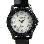 Pedre Women’s Black IP Jet Black Crystal Watch w Patent Leather Strap