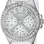 GUESS  Comfortable Stainless Steel + White Stain Resistant Silicone Watch with Day, Date + 24 Hour Military/Int’l Time. Color: White (Model: U1160L4)