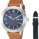 Nautica Men’s Porthole Slim Stainless Steel Japanese-Quartz Watch with Leather Strap, Brown, 20.5 (Model: NAPPSP901)