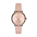 Michael Kors Women’s Portia Stainless Steel Analog-Quartz Watch with Leather Calfskin Strap, Pink, 16 (Model: MK2721)