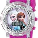 Disney Kids’ FZN3580 Frozen Anna and Elsa Flashing-Dial Watch with Glitter Pink Rubber Band