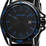 Calvin Klein ‘Earth’ Mens All Black Watch – Black PVD Stainless Steel with Black Fabric Leather Strap – Swiss Made Date Rotating Bezel Analog Quartz Movement – Calvin Klein Watches for Men K5Y31YB1
