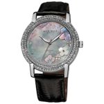 Akribos XXIV Women’s ‘Lady Diamond’ Swiss Watch – Diamond Hour Markers Mother-of-Pearl Dial with Flowers On Leather Strap – AK580