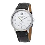 Baume & Mercier Classima Mens Dual Time Zone Watch – Classic 40mm Analog White Face with Big Date Stainless Steel Swiss Made Watch – Black Leather Band Quartz Luxury Dress Watches For Men 10218