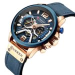 Mens Watches Military Stopwatch Waterproof Leather Chronograph Mens Fashion Quartz Watch Blue Gold