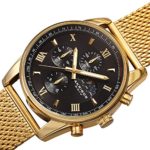 Akribos XXIV Men’s Chronograph Watch – 3 Subdials with Moonphase AM/PM Indicator On Stainless Steel Mesh Bracelet – AK1112 (Black Dial Yellow Gold Band)