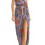 GRECERELLE Women’s Short Sleeve Summer Floral Print Dresses Elastic Waist Slit Casual Long Maxi Dress with Belt FP-Peacock Blue-L