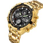 GOLDEN HOUR Luxury Stainless Steel Analog Digital Watches for Men Male Outdoor Sport Waterproof Large Big Heavy Wristwatch (Gold Black)