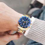 Mens Watches Chronograph Gold Blue Stainless Steel Waterproof Date Analog Quartz Watch Business Casual Fashion Wrist Watches for Men