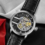 Stuhrling Original Mens Watch – Automatic Self Winding Dress Watch – Skeleton Watches for Men – Leather Watch Strap Mechanical Watch Analog Watch for Men (Silver Black)