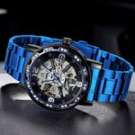 Steampunk Mens Watch Luxury Blue Skeleton Stainless Steel Hand-Winding Classic Mechanical Wrist Watch Diamond Design