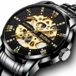 Mens Watches Black Mechanical Automatic Self-Winding Stainless Steel Skeleton Luxury Waterproof Diamond Dial Wrist Watches for Men