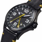Torgoen T9 Black GMT Pilot Watch for Men, Swiss Quartz, Mineral Crystal with Black Leather Strap
