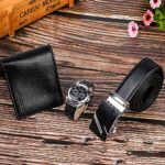 Souarts Watch Birthday Gifts for Men, Watch Set for Men, Artificial Leather Watches, Rachet Belt, Wallet and Mens Gifts Set with Gifts Box Organizer (Black)