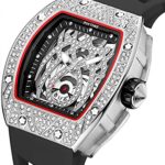 Mens Bling Iced Out Punk Diamond Watches Fashion Crystal Dress Quartz Analog Watch Silicone Band Sports Wristwatch (Black Silver)