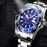 LOREO Mens Automatic Watch Silver Stainless Steel Luminous Sapphire Glass Rotating Bezel Date Waterproof Business Men’s Watches (Blue)