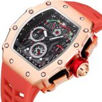 Mens Luxury Tonneau Square Watches Analog Punk Chronograph Unique Sports Wrist Watch Japanese Movement Luminous Design with Rubber Band (Rosegold Red)