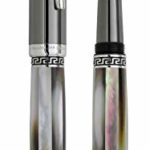 Xezo Handmade Platinum Plated Medium Fountain Pen, Tungsten Metallic Finish (Maestro Black MOP Tungsten FPL). No Two Alike