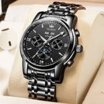 OLEVS Automatic Watches for Men Mechanical Slef-Wind Black Face Luxury Classic Stainless Steel Wrist Watch Waterproof Luminous