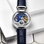Stuhrling Orignal Mens Skeleton Watch Blue Leather Luxury Dress Watch – Mechanical Watch Automatic Movement – Stainless Steel Silver Case Self Winding Analog Watches for Men