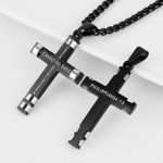 HZMAN Philippians 4:13 Cross Pendant STRENGTH Bible Verse Stainless Steel Necklace 3 Colors Available (Black)