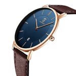 Watch, Mens Watch, Minimalist Fashion Simple Wrist Watch Analog Date with Leather Strap Brown Blue
