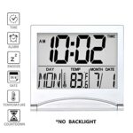 Betus Digital Travel Alarm Clock – Foldable Calendar Temperature Timer LCD Clock with Snooze Mode – Large Number Display, Battery Operated – Compact Desk Clock for All Ages (Silver, No Backlight)
