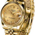 HOLUNS Mens Full Gold Watch Automatic Mechanical Gilded Steel Self-Wind Sapphire Glass Dress Waterproof Watch (Gold)
