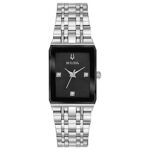 Bulova Ladies’ Modern Quadra Diamond Dial Stainless Steel 3-Hand Quartz Watch, Black Dial Style: 96P202