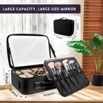 Smacen Large capacity Cosmetics Train Case with LED Lighted Mirror Rechargeable 3 Color Lights Adjustable Brightness Portable Makeup bag with Adjustable Dividers and Shoulder Straps (Black)