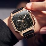 OLEVS Square Watches for Men Black Chronograph Leather Quartz Dress Watch for Men Sports Fashion Waterproof Luminous Casual Wrist Watches Rose Gold