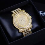 Techno Pave Men’s 45mm Iced Out Diamond Gold Watch with Cubic Zirconia Crystals and Bling-ed Out Adjustable Metal Strap – Quartz Movement – Analog Display