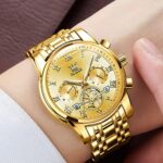 OLEVS Mens Watches Chronograph Business Casual Quartz Stainless Steel Waterproof Luminous Date Big Face Wrist Watch Gold Watch for Men