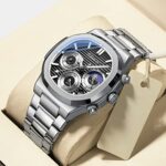 Tiong Fashion Sliver Black Chronograph Date Watch for Men Quartz Wristwatches Stainless Steel with Luminous Business Watches-Sliver Black