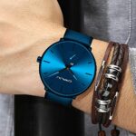 Mens Watches Ultra-Thin Minimalist Waterproof-Fashion Wrist Watch for Men Unisex Dress with Blue Leather Band-Blue Hands Blue Face